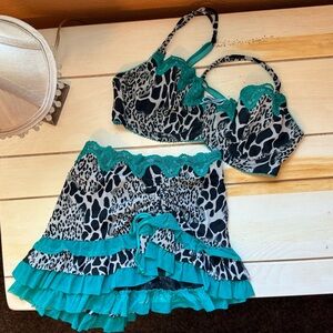 Leopard Print Lace Trim Bra & Mini Slip Set - Teal